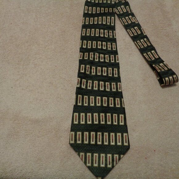 RETRO GREEN SILK W GEOMETRICS PATTERNS TIE - Picture 1 of 4